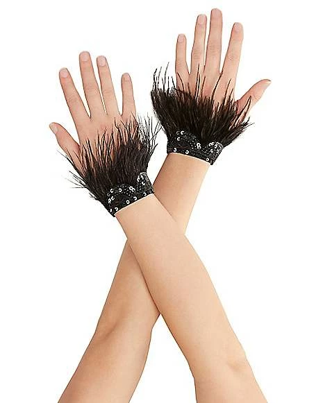 Black Faux Feather Raven Gloves 1 Black Faux Feather Raven Gloves