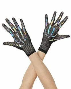Holographic Skeleton Fishnet Gloves