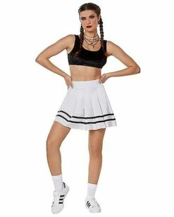 White Striped Pleated Cheerleader Skirt -Spook & Style Shop 01522218 c
